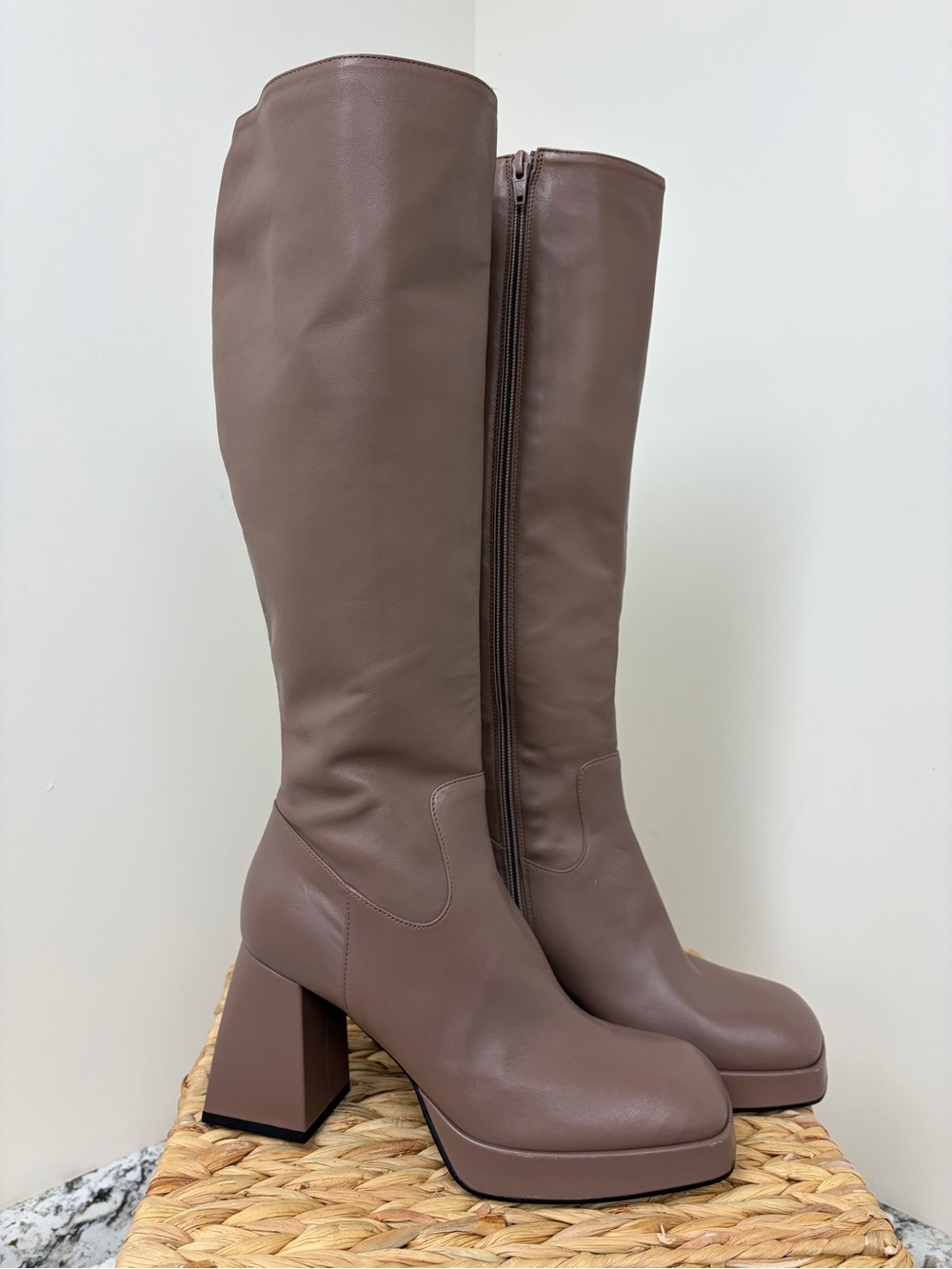 Women's Tall Brown Block Heel Knee Boots with Side Zip
